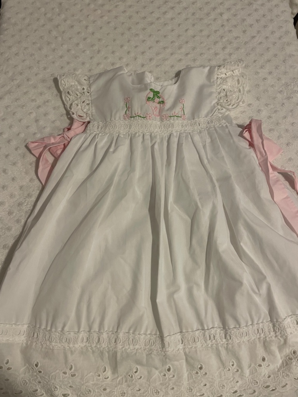 White Baby Dress with Pink Ribbon and Embroidered Floral Detail